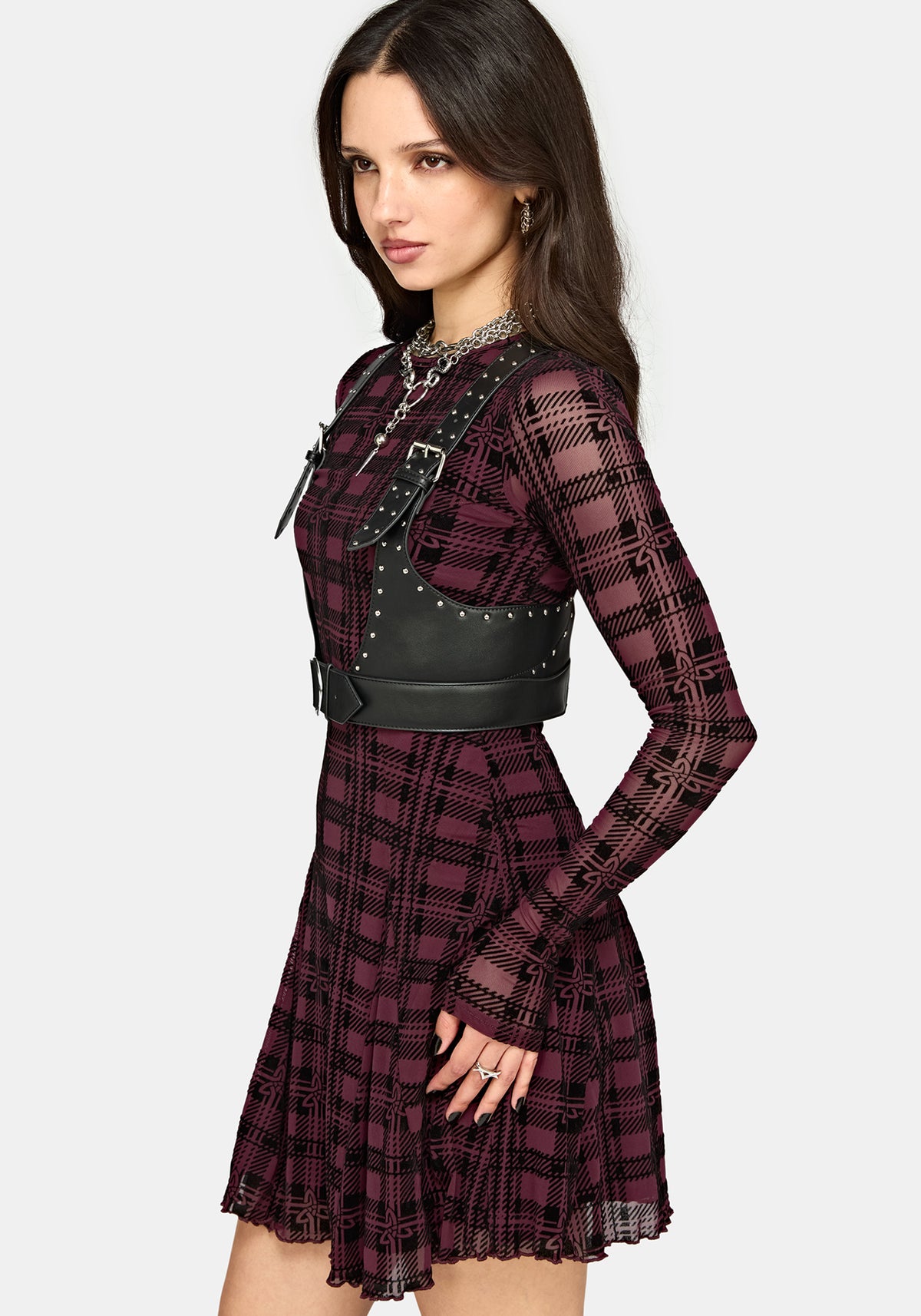 Vesica Flocked Witches Knot Godet Mini Dress - Burgundy