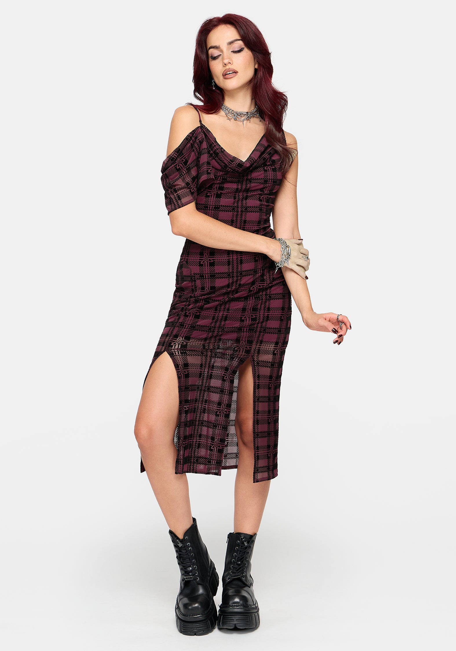 Vesica Flocked Witches Knot Midi Dress - Burgundy