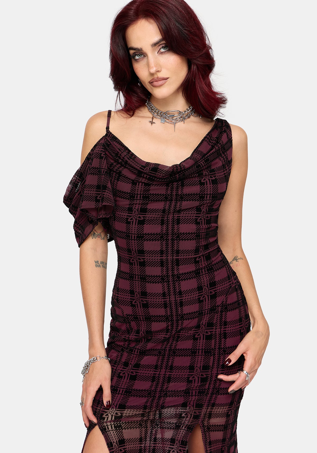 Vesica Beflockt Witches Knot Midikleid - Burgunderrot