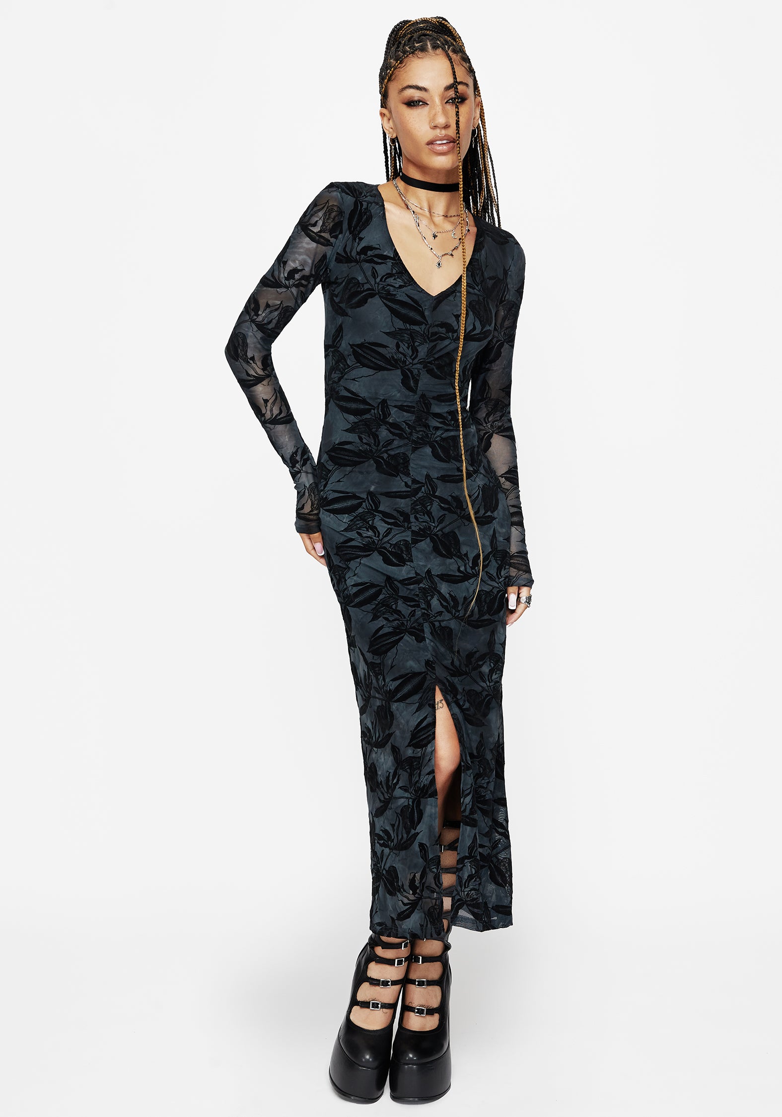 Bryn Blumenmuster Beflockt Mesh Gerafft Lang Ärmel Midaxi Kleid