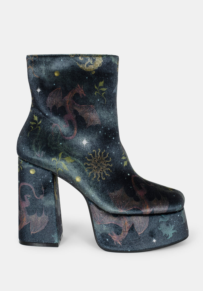 Phoenix Dragon Velvet Platform Boots