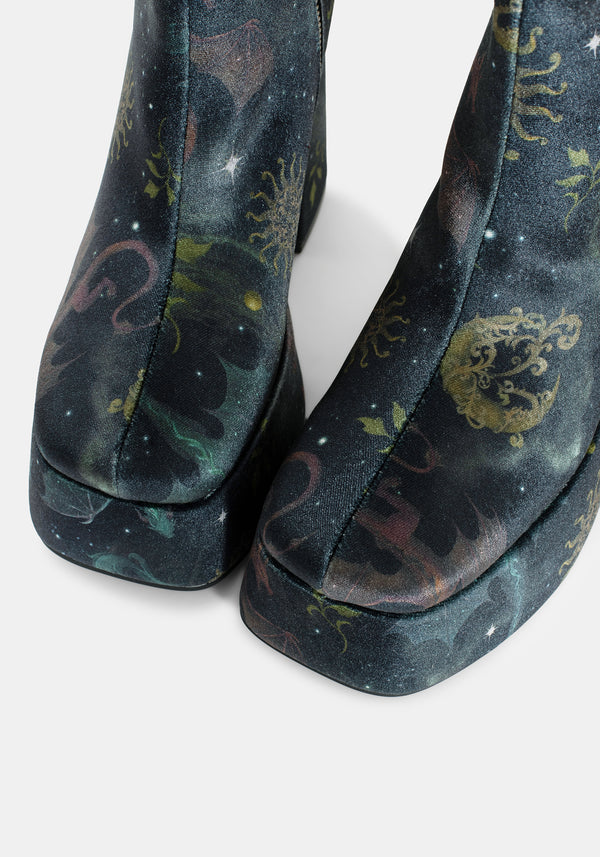 Phoenix Dragon Velvet Platform Boots