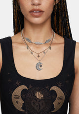 Abellona Moon Fern Layered Charm Necklace