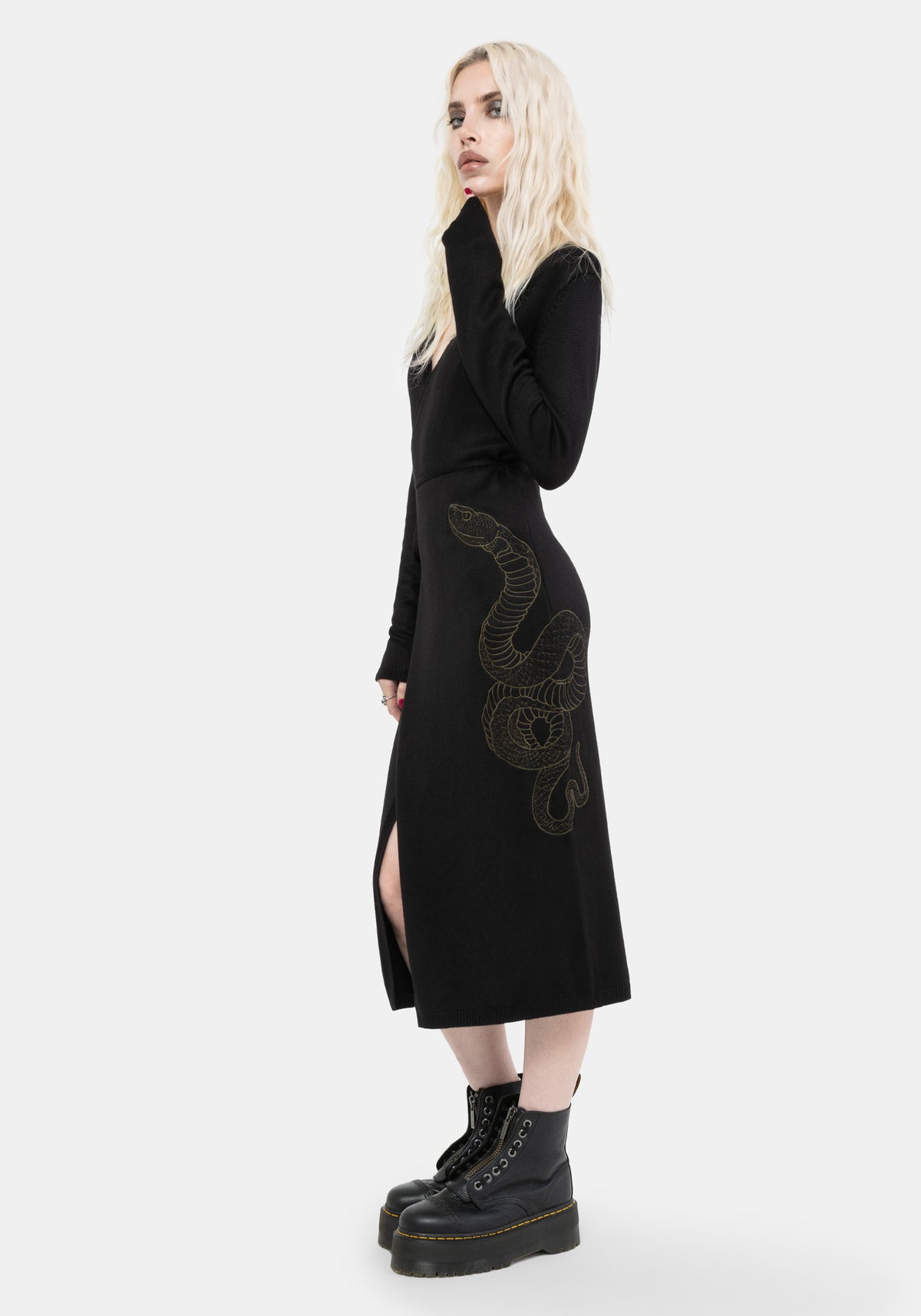 Schlange Schlange Bestickt Gestrickt Midi Kleid