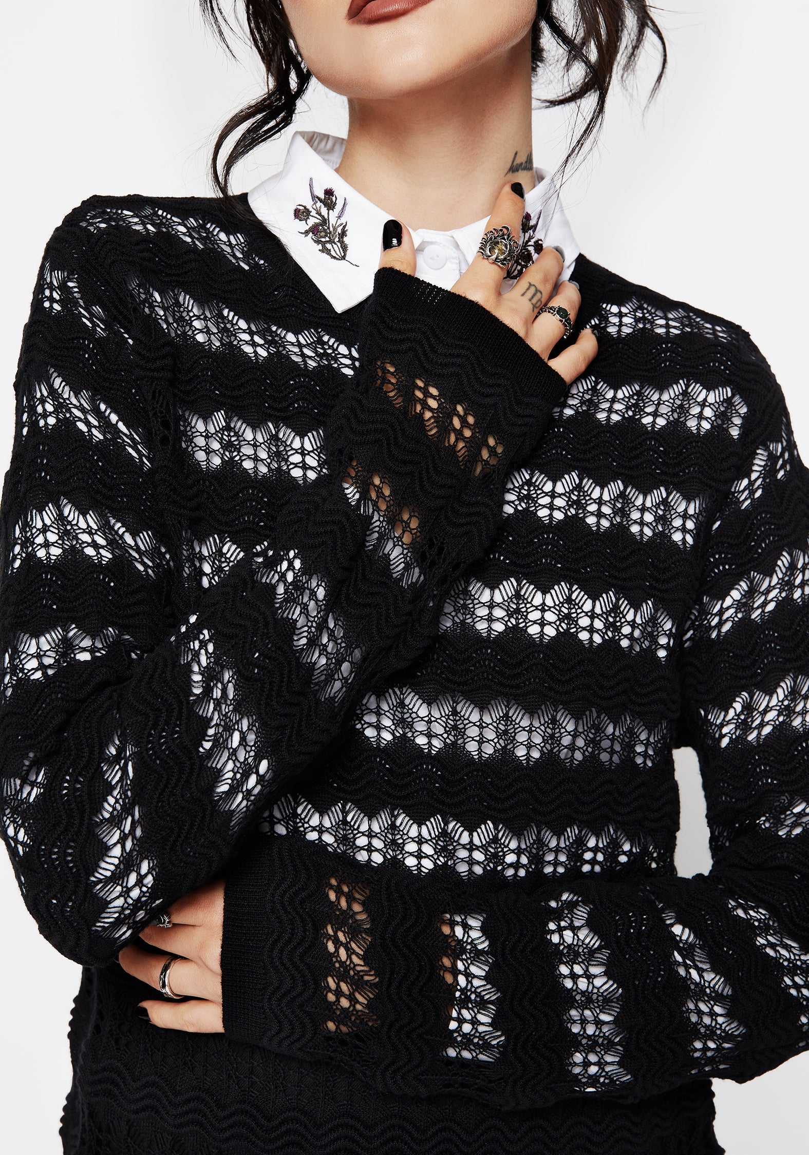 Wyn Baumwolle ZigZag Gestrickt Lang Ärmel Pullover