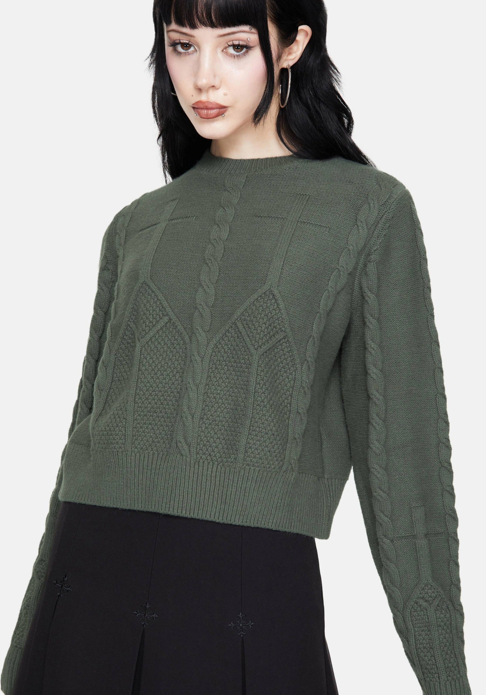 Noir Baumwolle Gothic Bogen Kurz Geschnitten Zopf Gestrickt Pullover