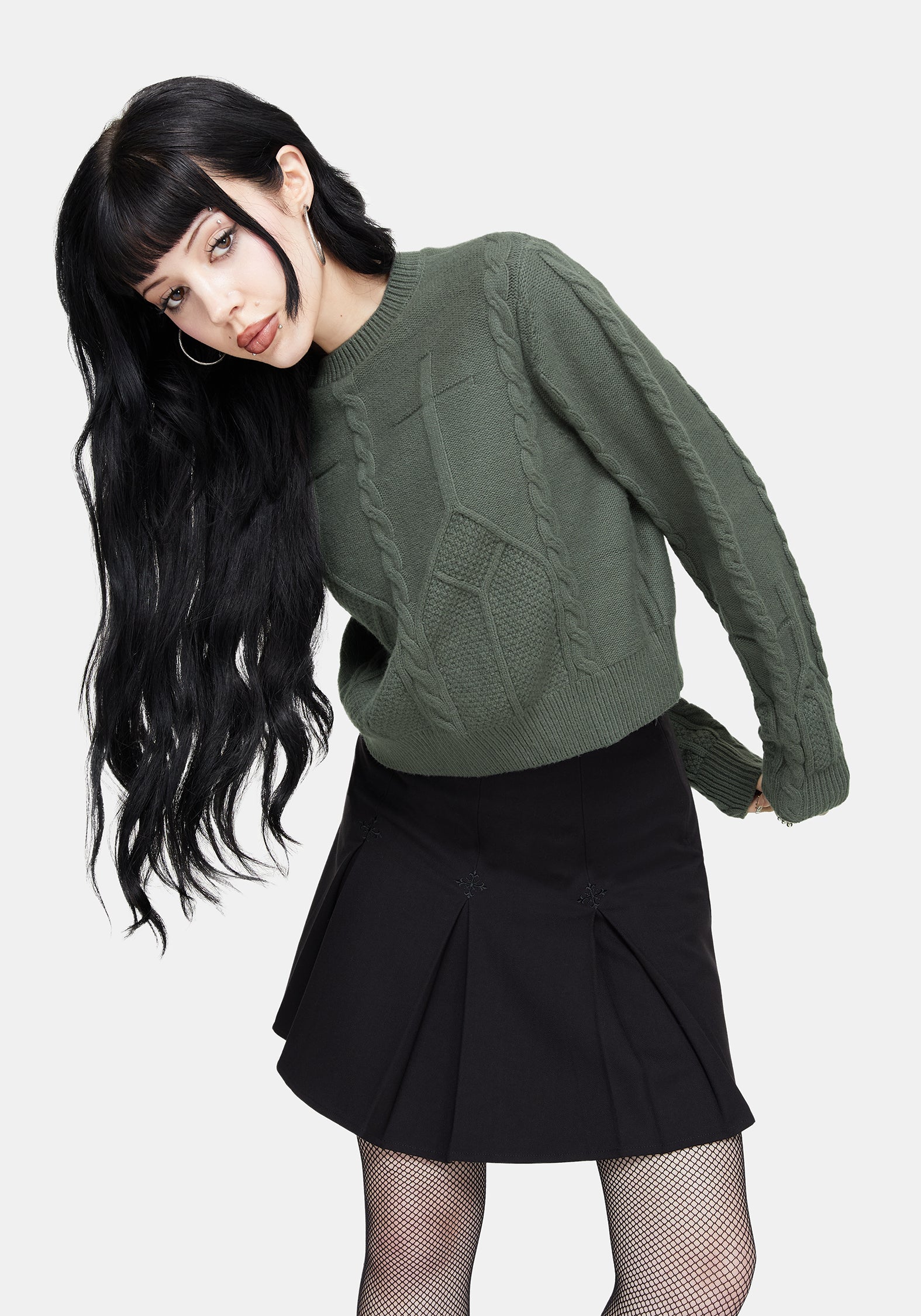Noir Baumwolle Gothic Bogen Kurz Geschnitten Zopf Gestrickt Pullover