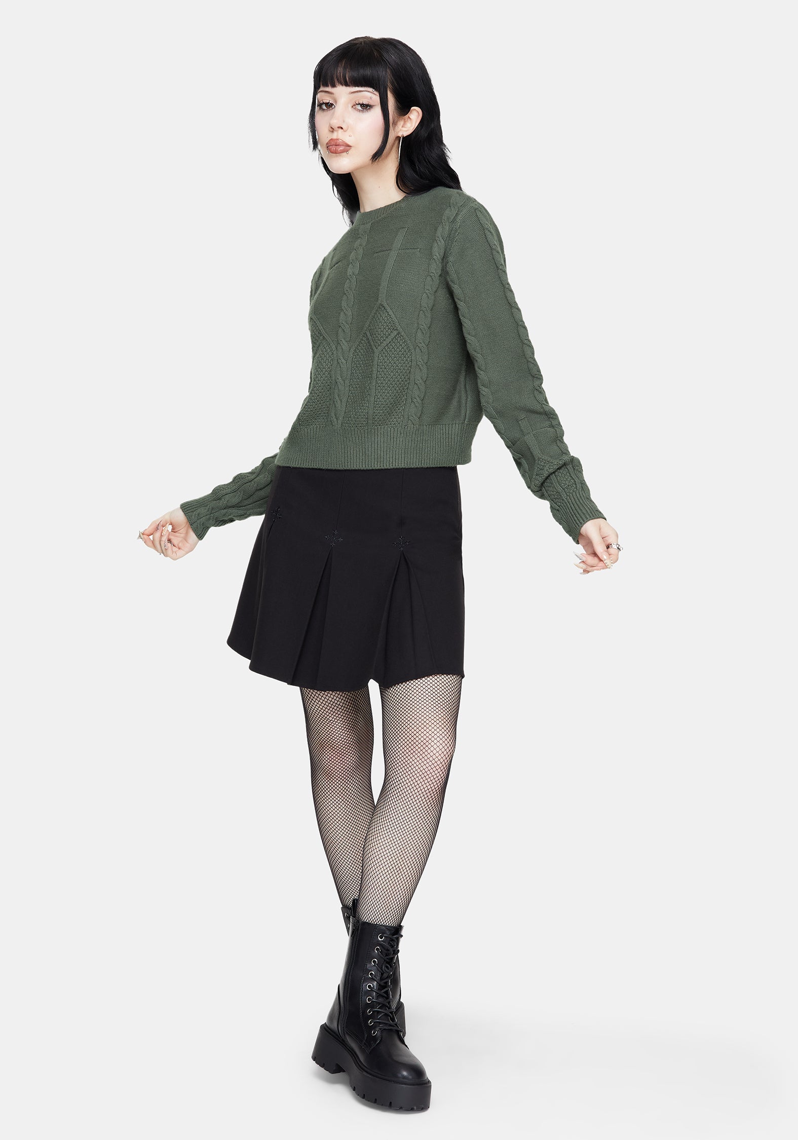 Noir Baumwolle Gothic Bogen Kurz Geschnitten Zopf Gestrickt Pullover