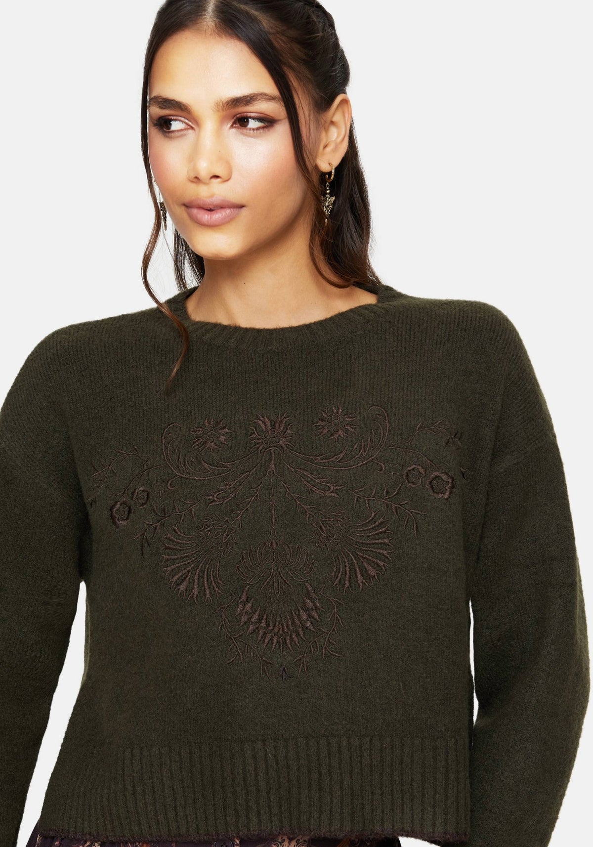 Eclipsia Blumenmuster Bestickt Kurz Geschnitten Gestrickt Pullover