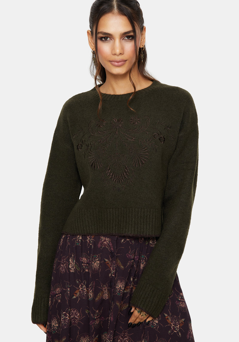 Eclipsia Floral Embroidered Cropped Knit Jumper