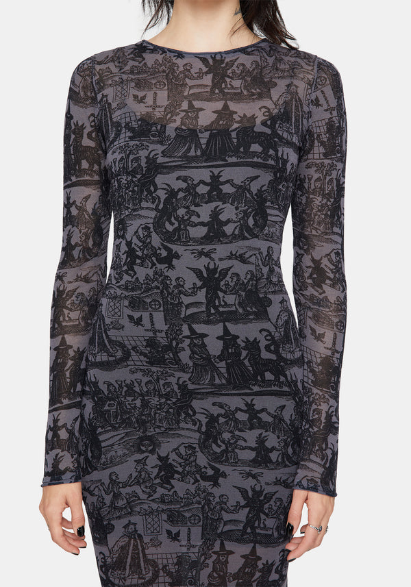 Enchanted Sheer Witch Print Knit Maxi Dress