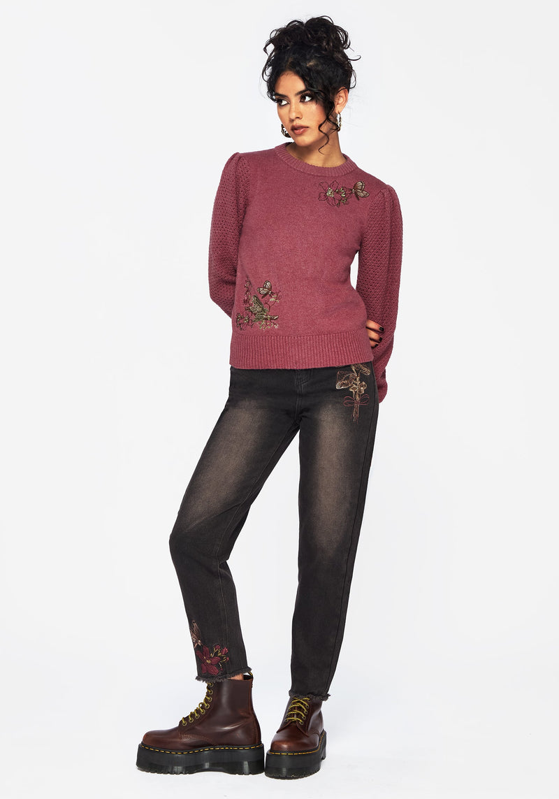 Dana Baumwolle Blumenmuster Bestickt Pullover - Lila