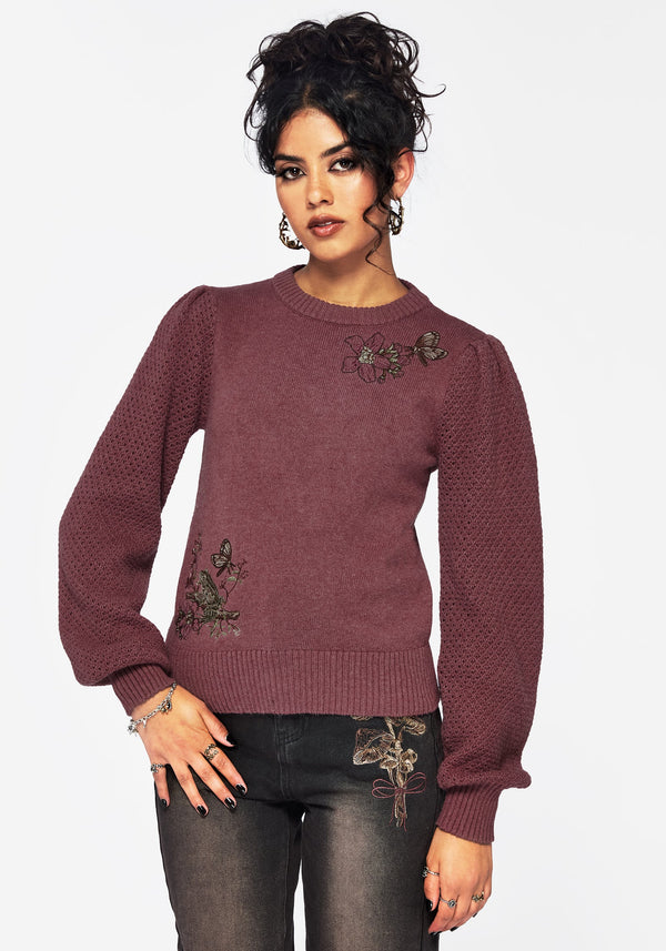 Dana Baumwolle Blumenmuster Bestickt Pullover - Lila