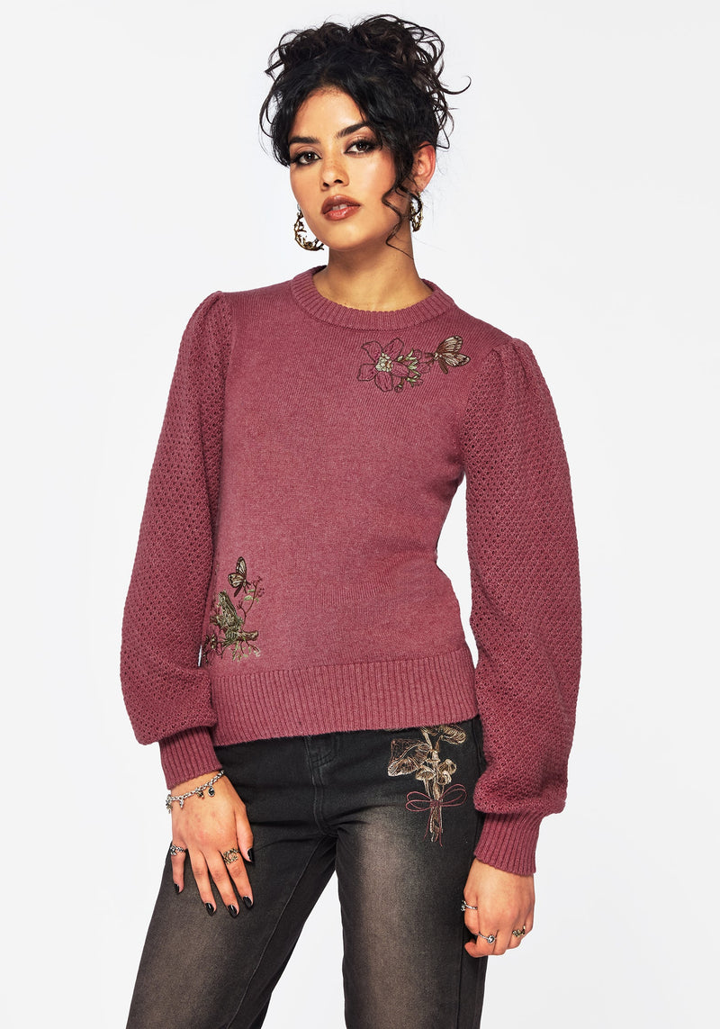Dana Baumwolle Blumenmuster Bestickt Pullover - Lila