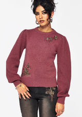Dana Baumwolle Blumenmuster Bestickt Pullover - Lila