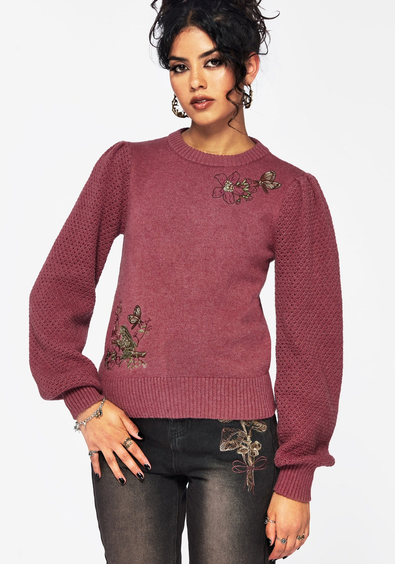 Dana Baumwolle Blumenmuster Bestickt Pullover - Lila