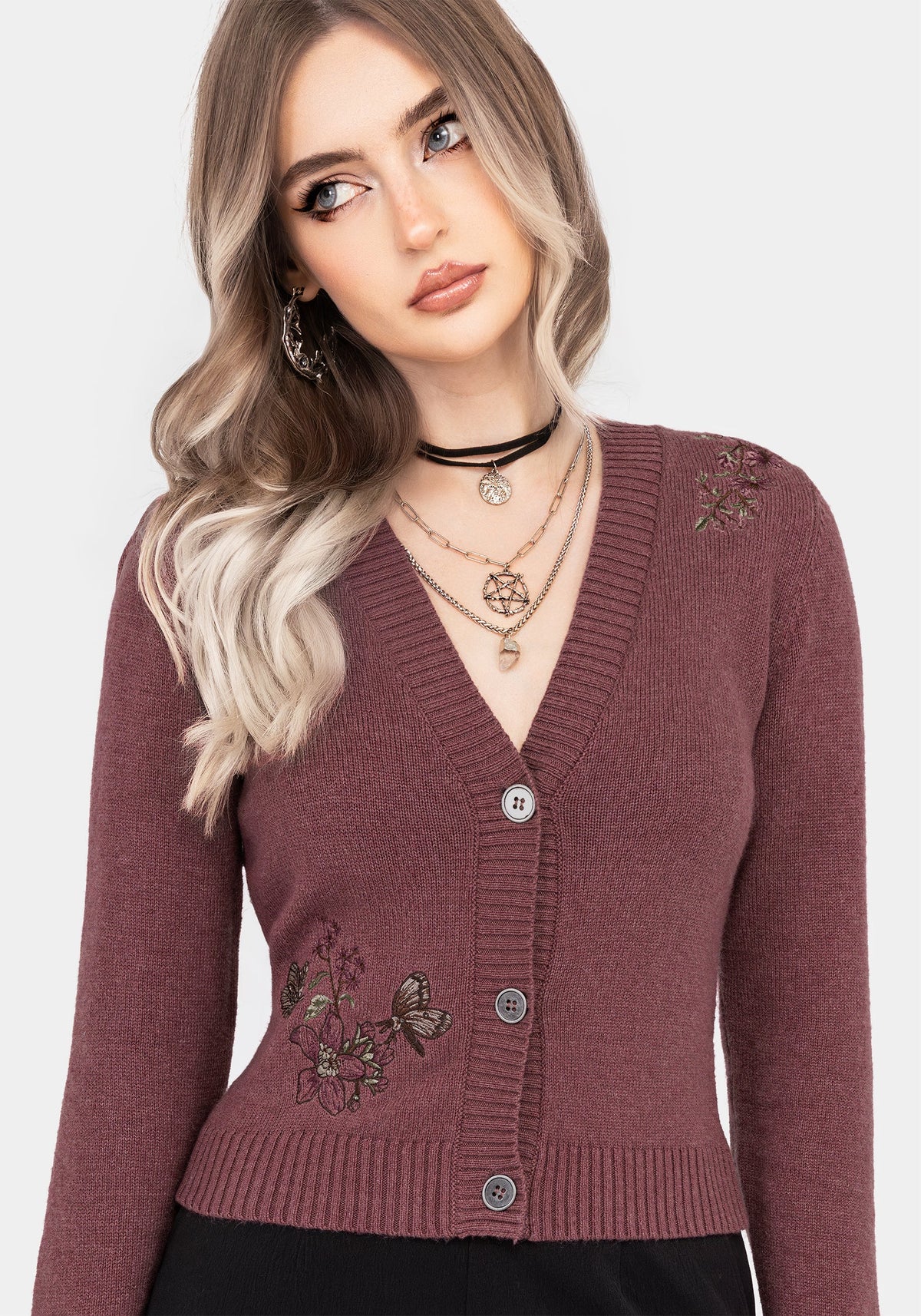 Dana Baumwolle Blumenmuster Bestickt Cardigan - Lila