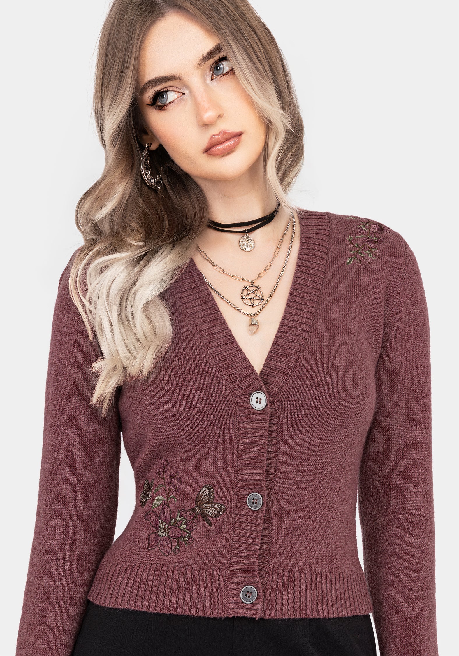 Dana Baumwolle Blumenmuster Bestickt Cardigan - Lila