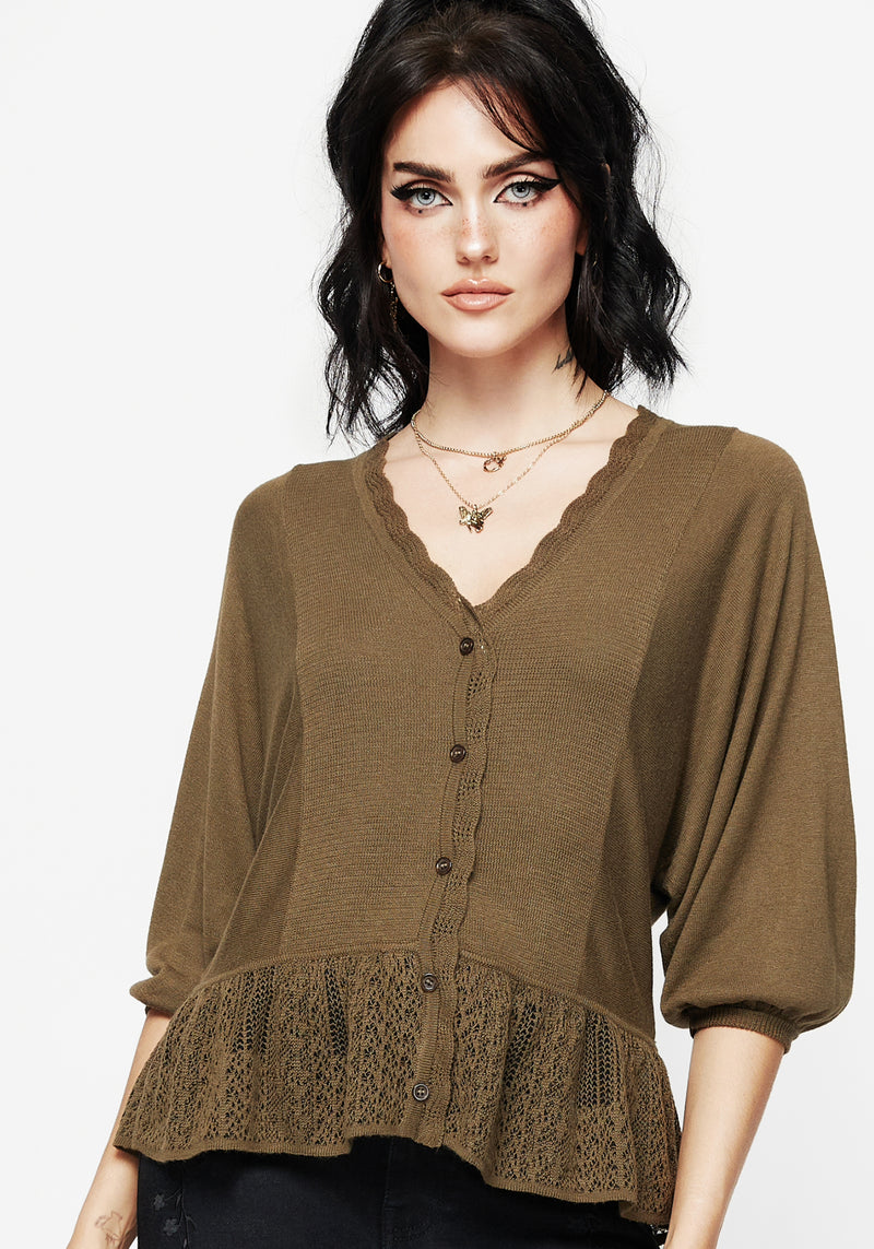 Avalon Puffärmel Ärmel Knopf Hoch Gestrickt Bluse