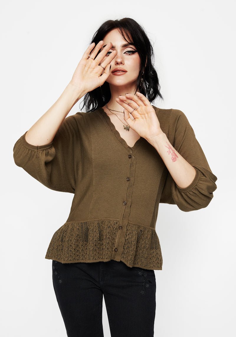 Avalon Puffärmel Ärmel Knopf Hoch Gestrickt Bluse