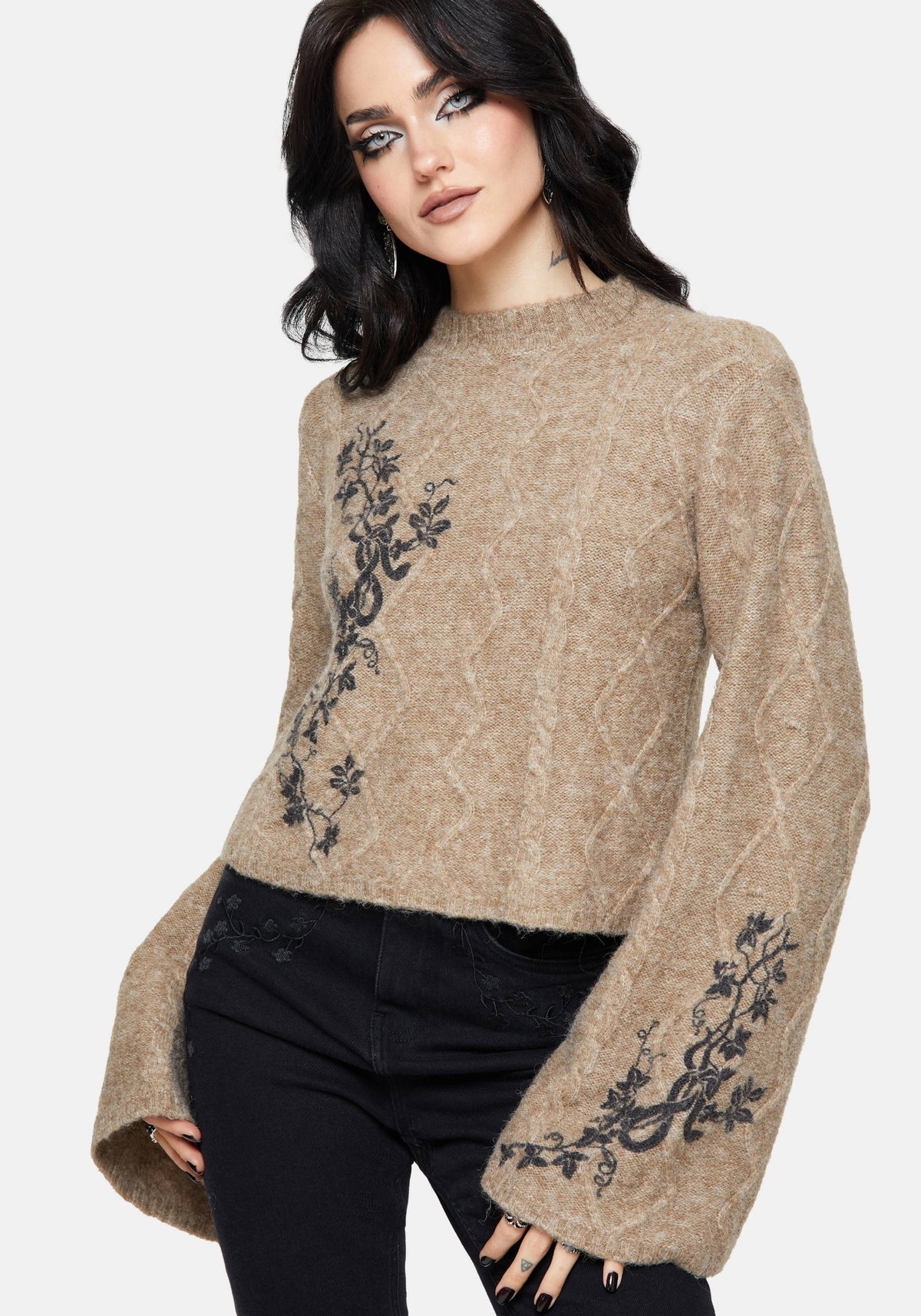 Ravelle Baumwolle Blumenmuster Bedruckt Ausgestellt Zopf Gestrickt Pullover