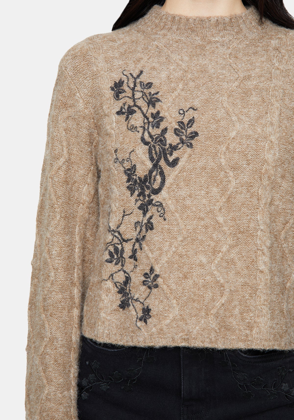 Ravelle Baumwolle Blumenmuster Bedruckt Ausgestellt Zopf Gestrickt Pullover