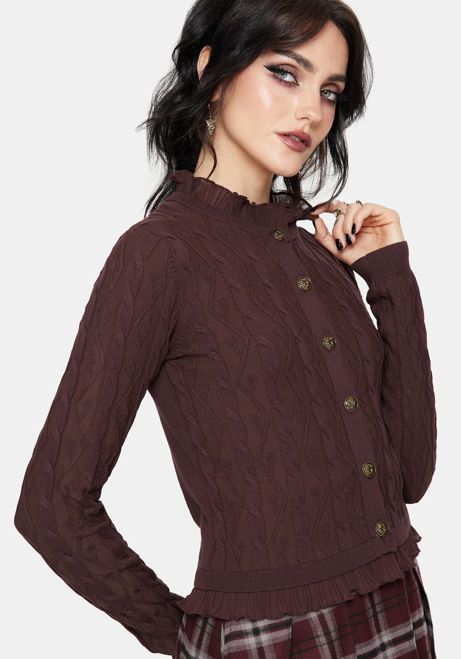 Ashen Vine Rüsche Zopf Gestrickt Cardigan