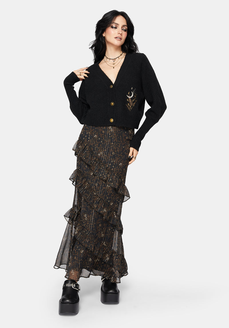 Abellona Floral Moon Embroidered Balloon Sleeve Knit Cardigan