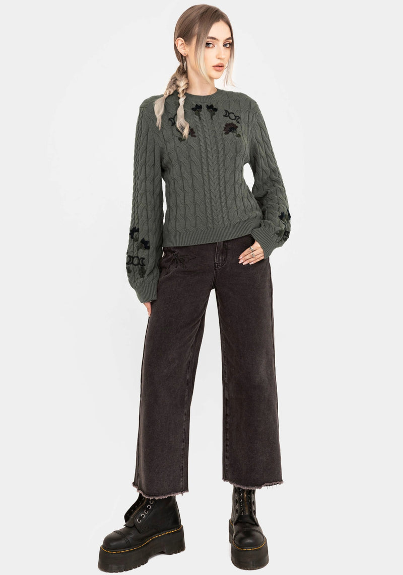 Clara Baumwolle Blumenmuster Bestickt Zopf Gestrickt Pullover