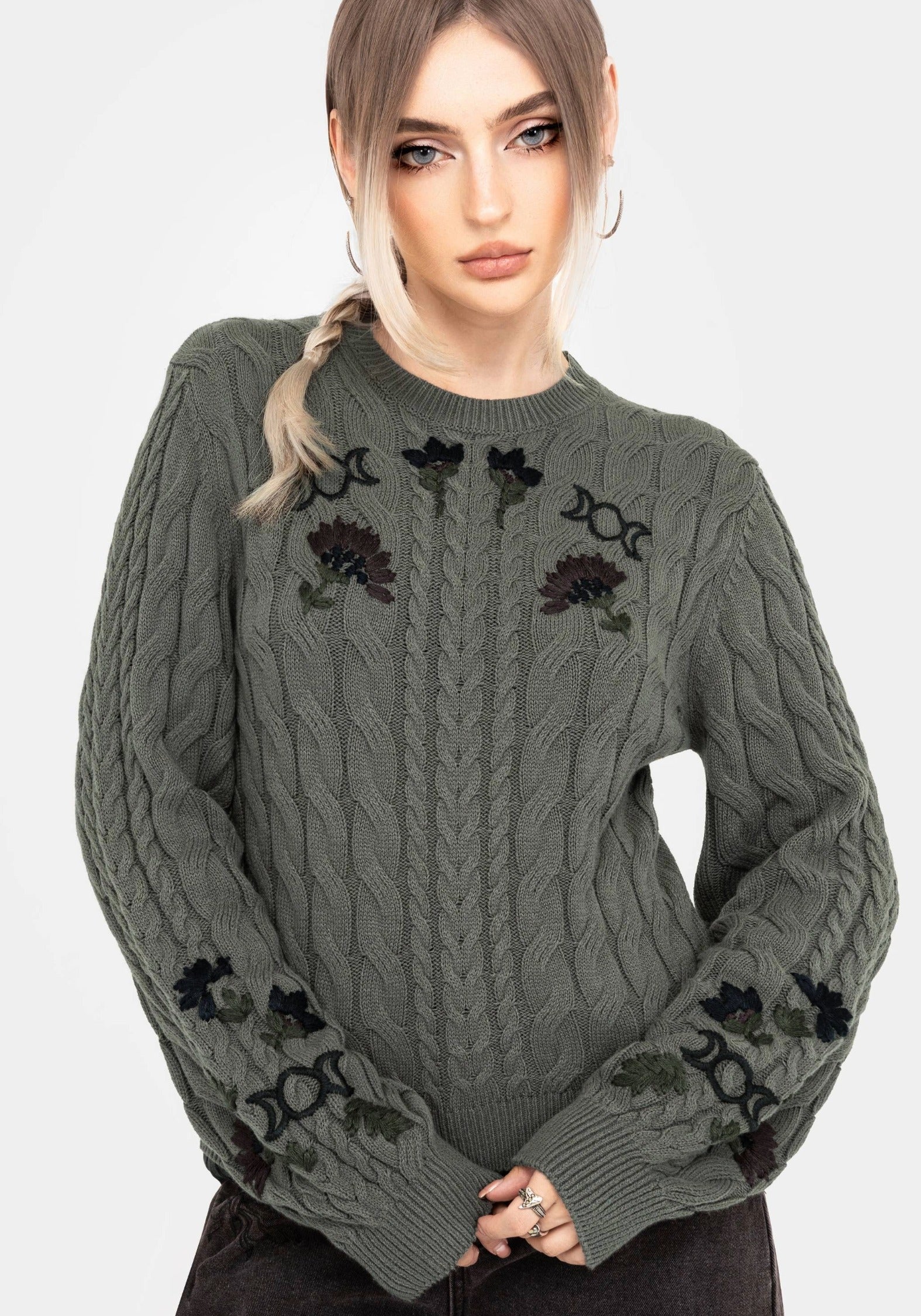 Clara Baumwolle Blumenmuster Bestickt Zopf Gestrickt Pullover
