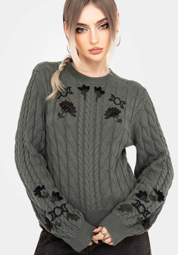 Clara Baumwolle Blumenmuster Bestickt Zopf Gestrickt Pullover
