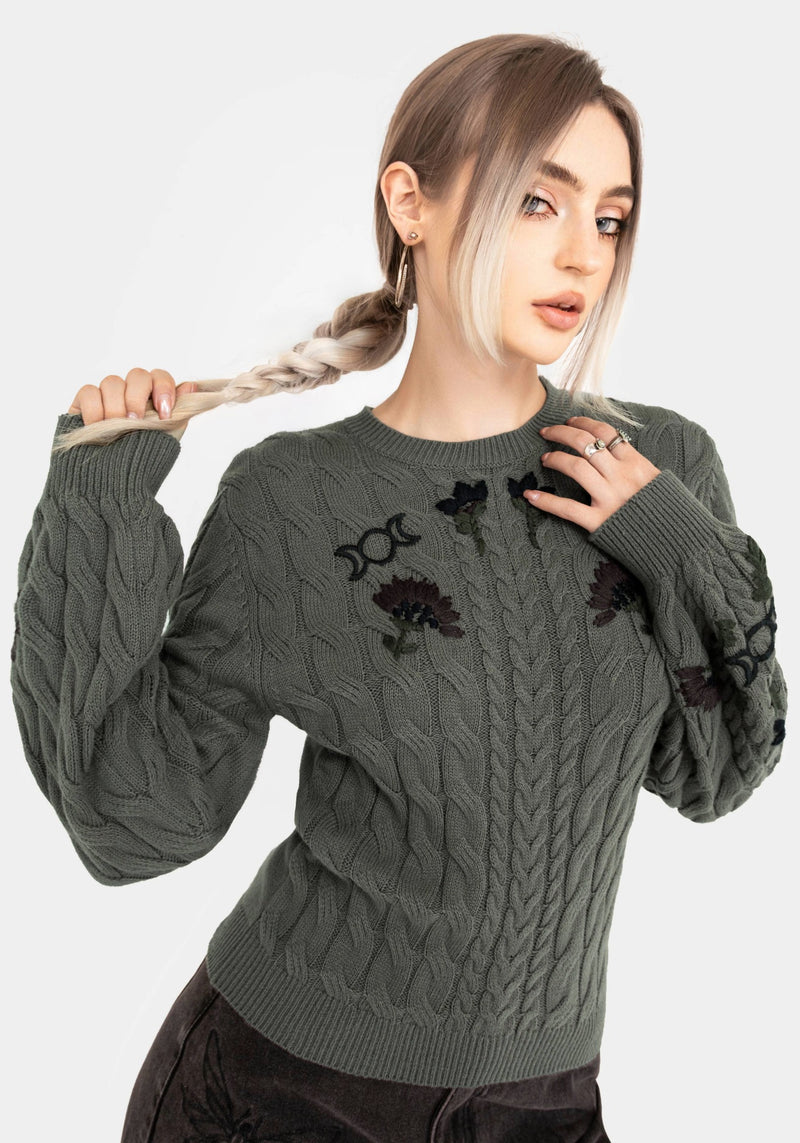 Clara Baumwolle Blumenmuster Bestickt Zopf Gestrickt Pullover