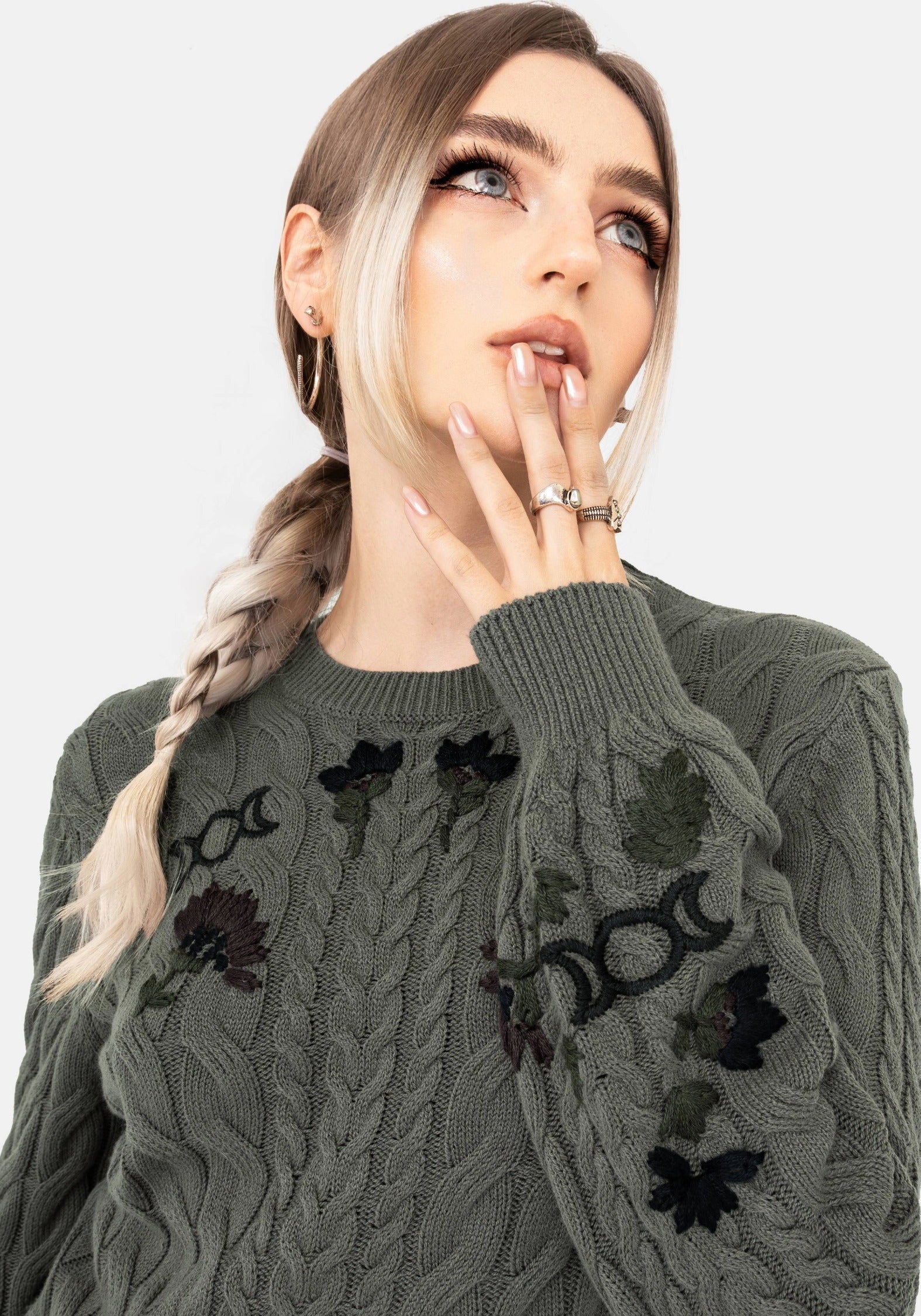 Clara Baumwolle Blumenmuster Bestickt Zopf Gestrickt Pullover