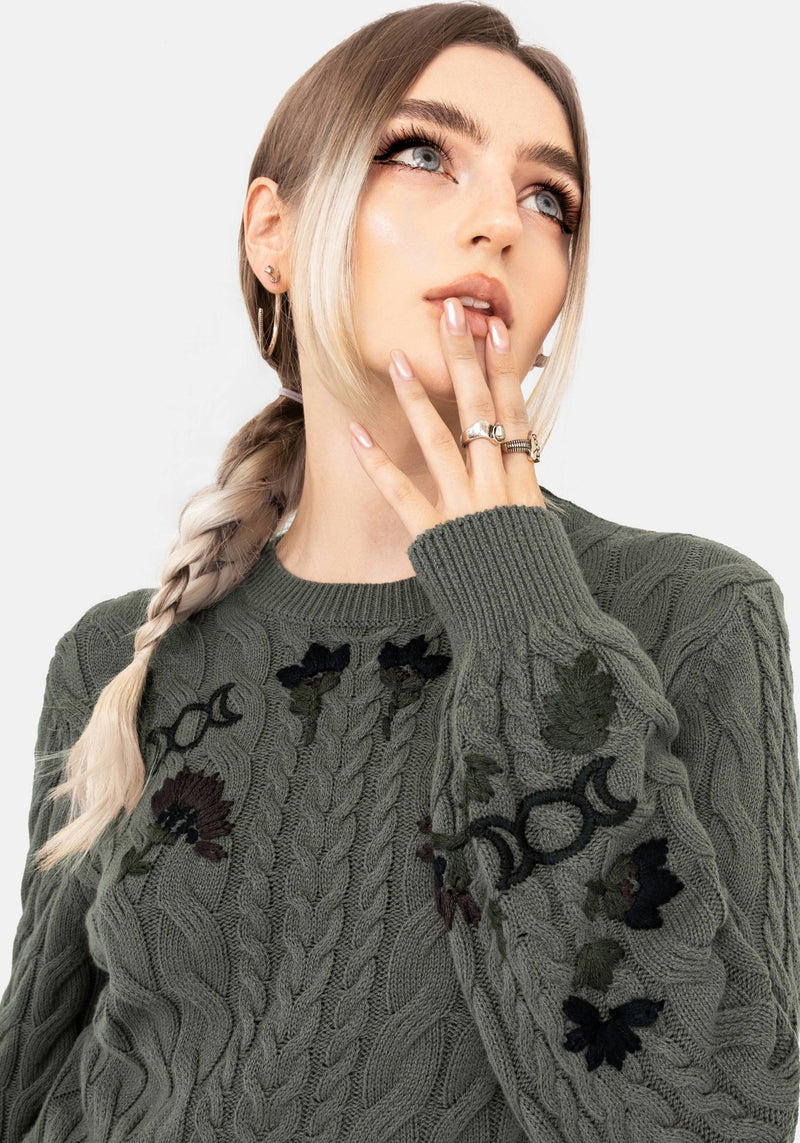 Clara Baumwolle Blumenmuster Bestickt Zopf Gestrickt Pullover