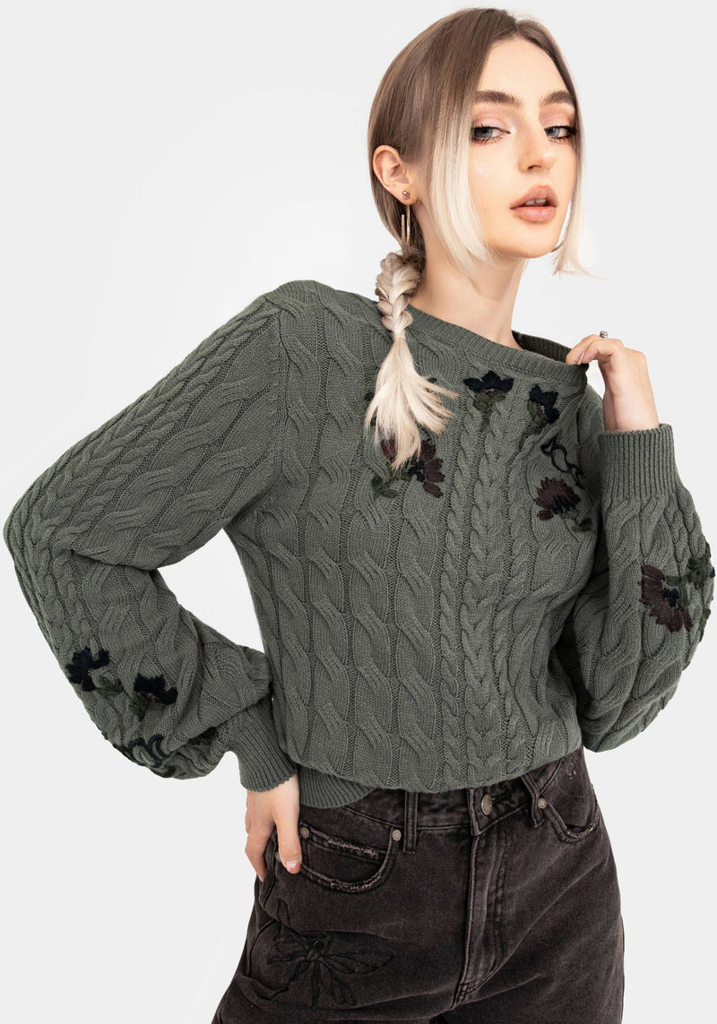 Clara Baumwolle Blumenmuster Bestickt Zopf Gestrickt Pullover