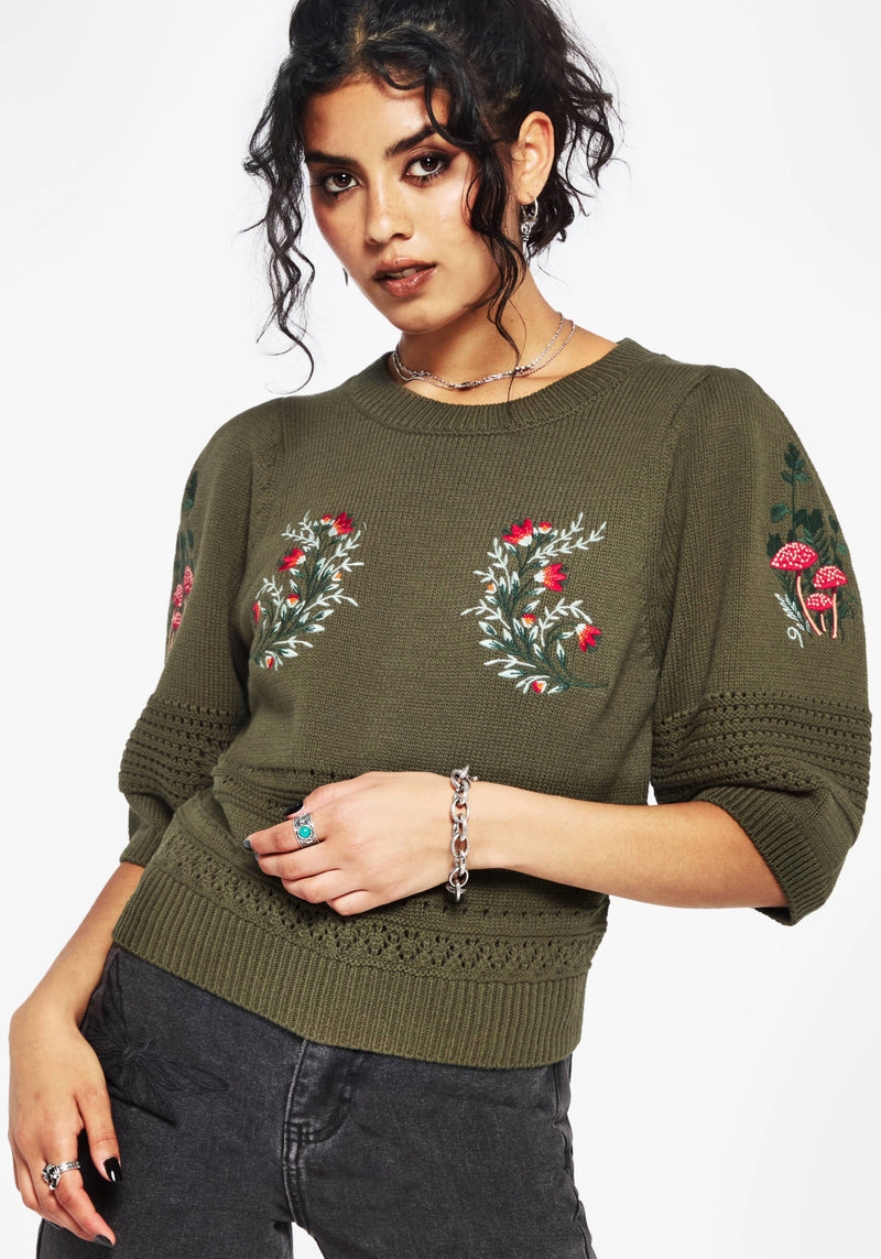 Lavish Pilz Bestickt Kurz Ärmel Gestrickt Top