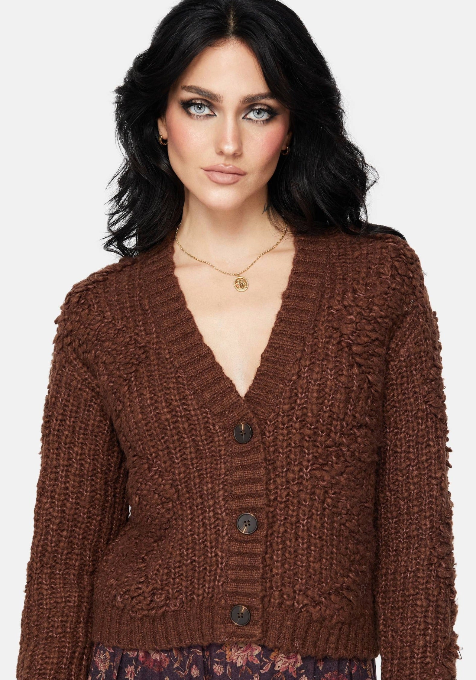 Aubrell Welle V-Ausschnitt Gestrickt Cardigan