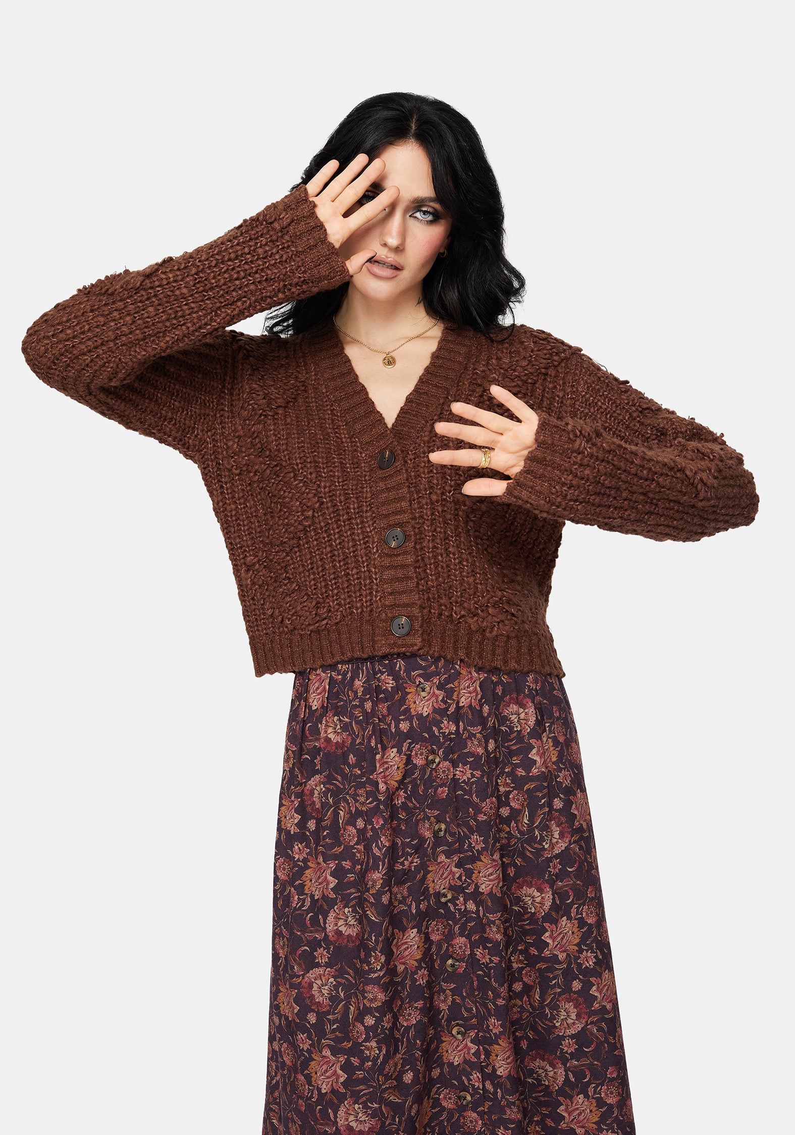 Aubrell Welle V-Ausschnitt Gestrickt Cardigan