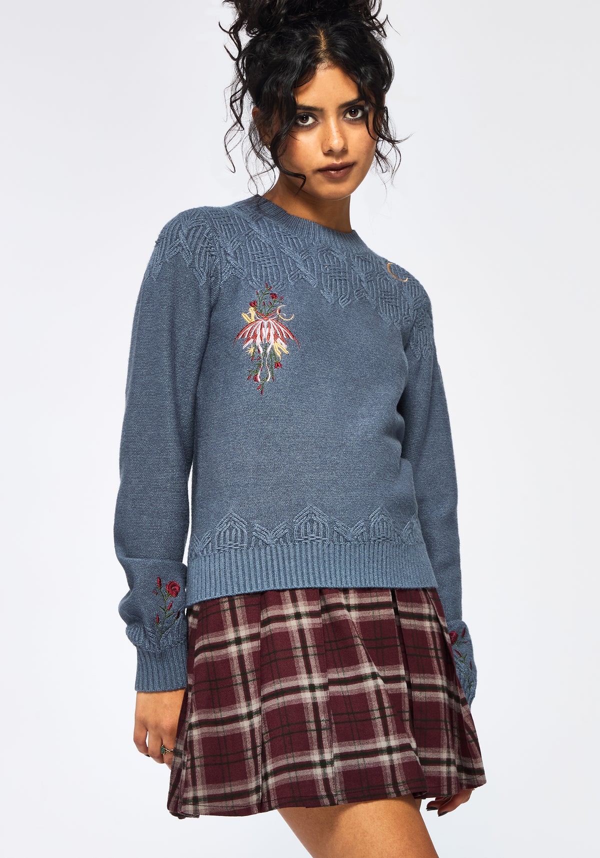 Selenia Motte Bestickt Zopf Twist Gestrickt Pullover - Blau