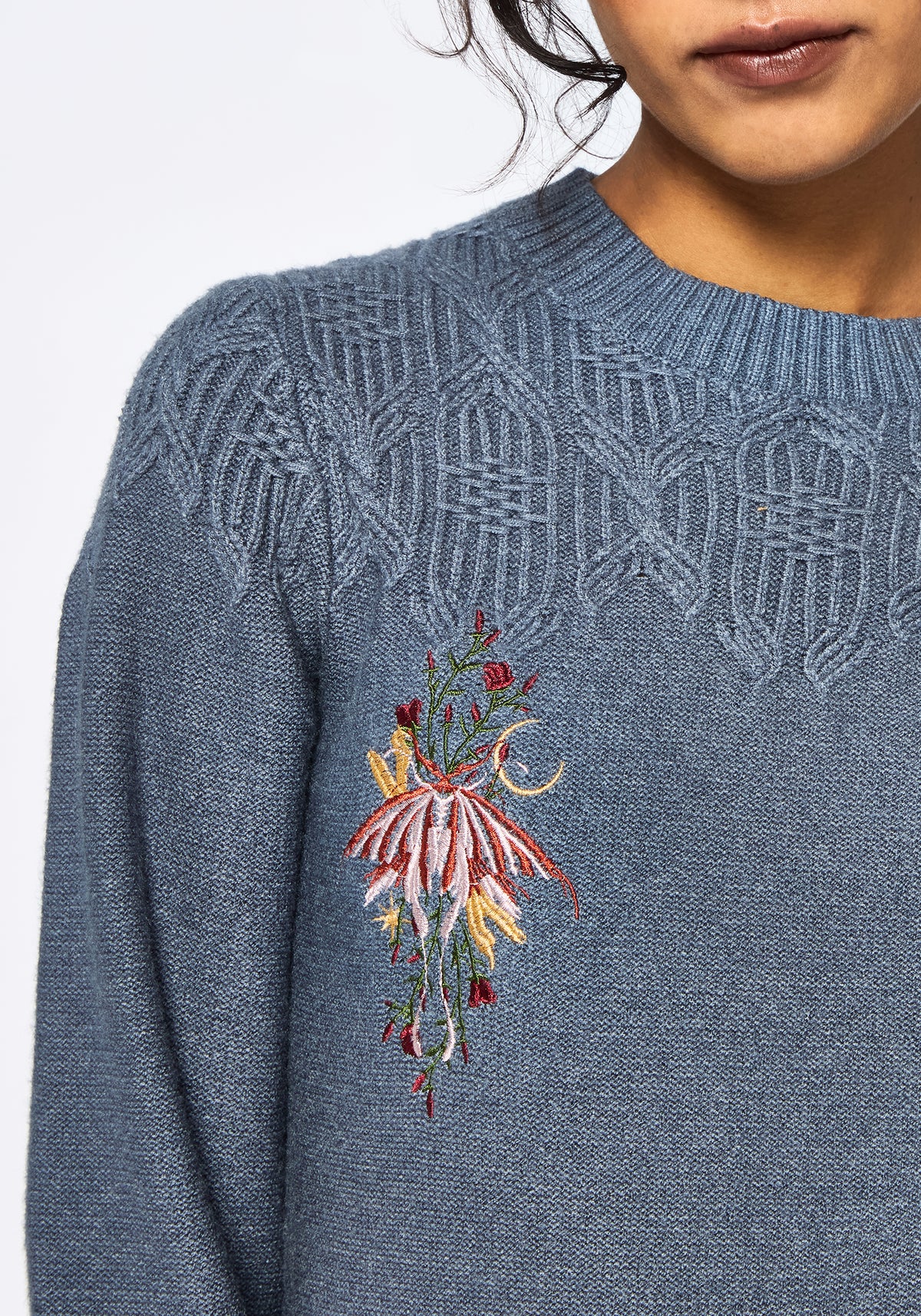 Selenia Motte Bestickt Zopf Twist Gestrickt Pullover - Blau