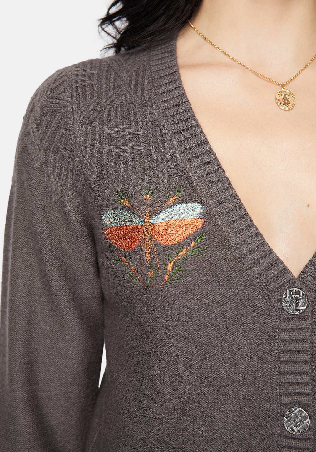 Griffinfly Bestickt Gestrickt Cardigan - Grau