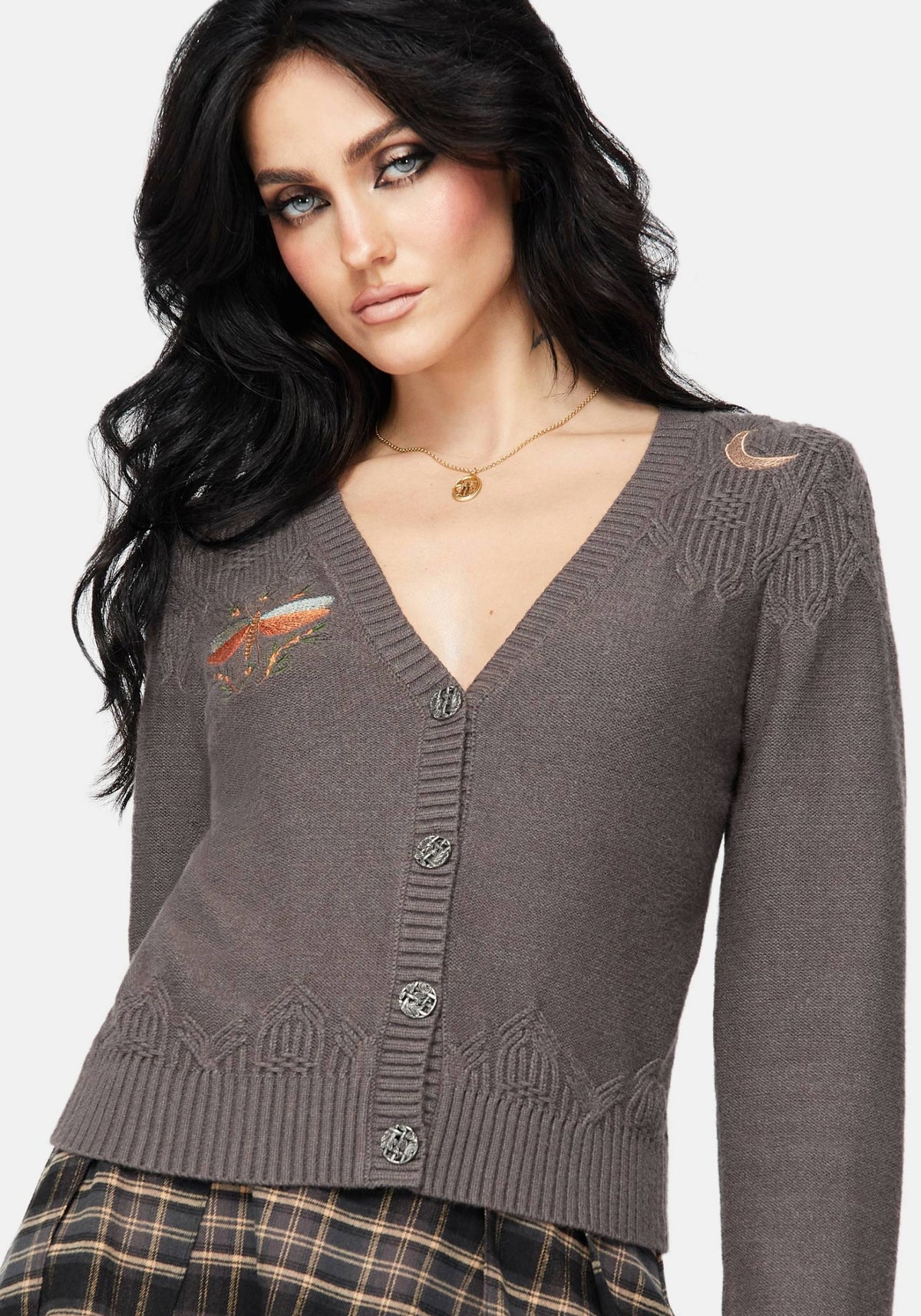 Griffinfly Bestickt Gestrickt Cardigan - Grau