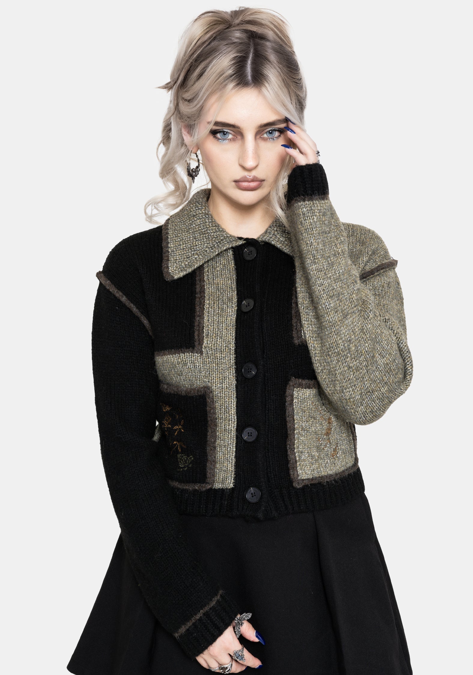Polly Mit Kragen Flicken Bestickt Gestrickt Cardigan