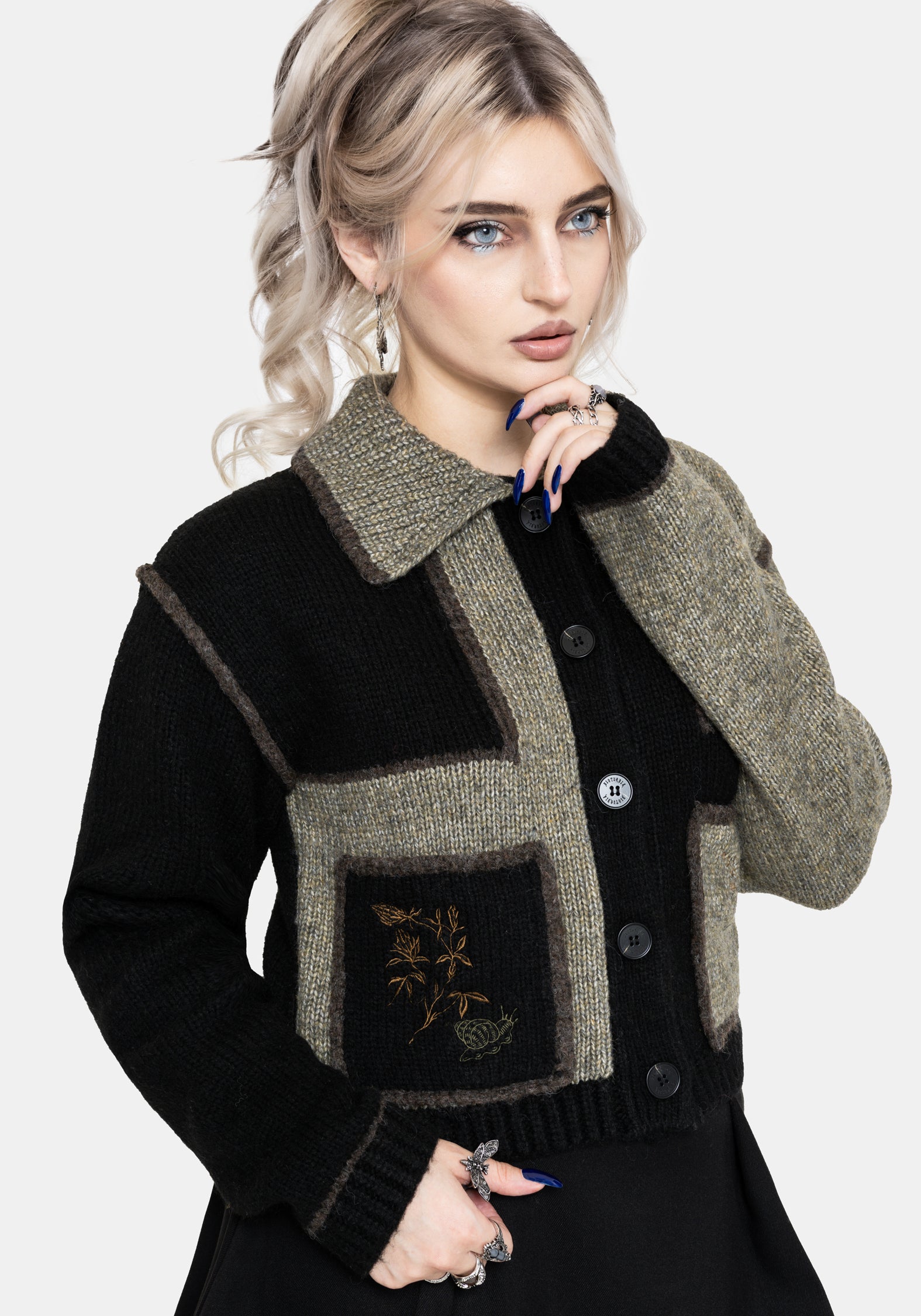 Polly Mit Kragen Flicken Bestickt Gestrickt Cardigan