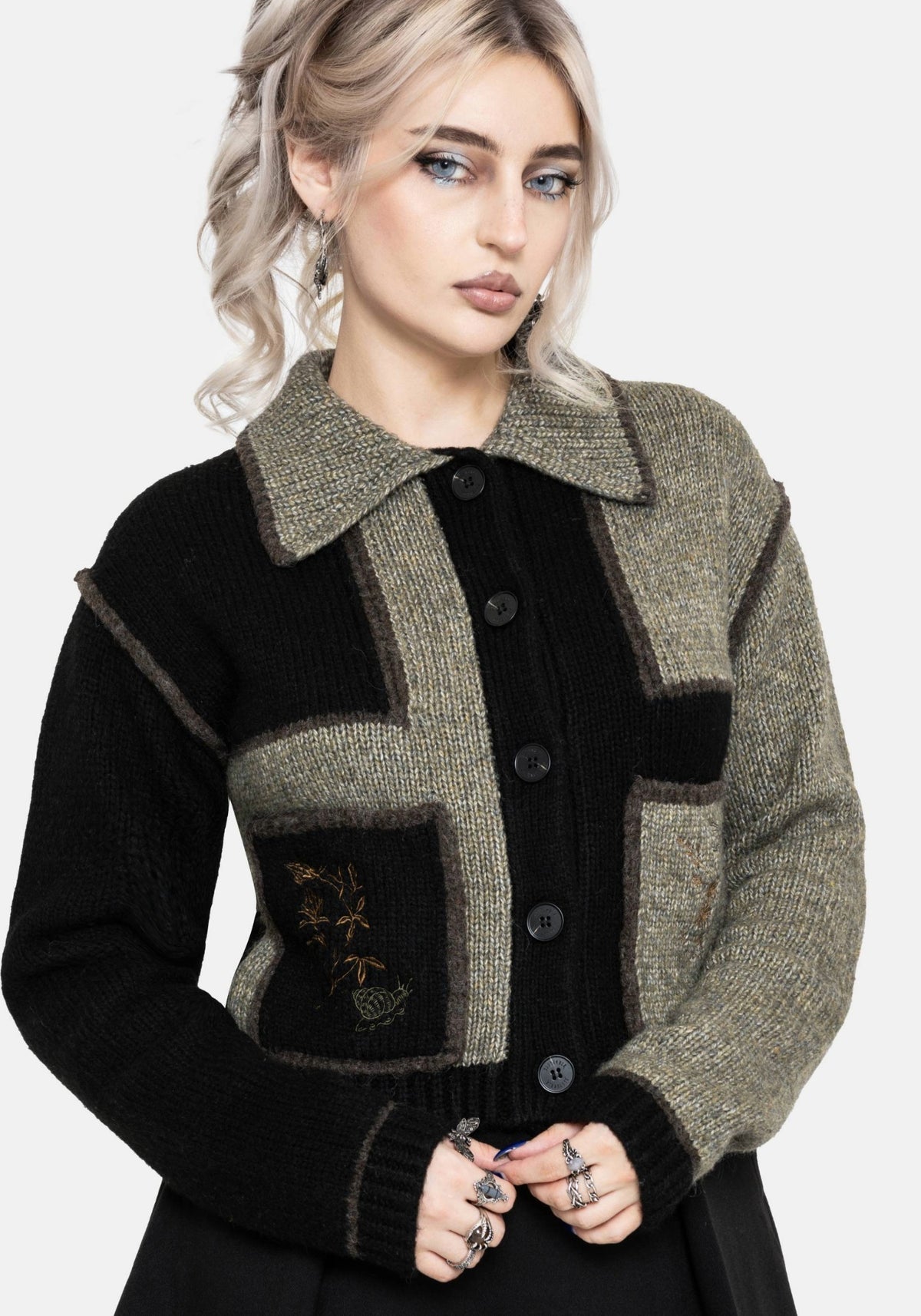 Polly Mit Kragen Flicken Bestickt Gestrickt Cardigan