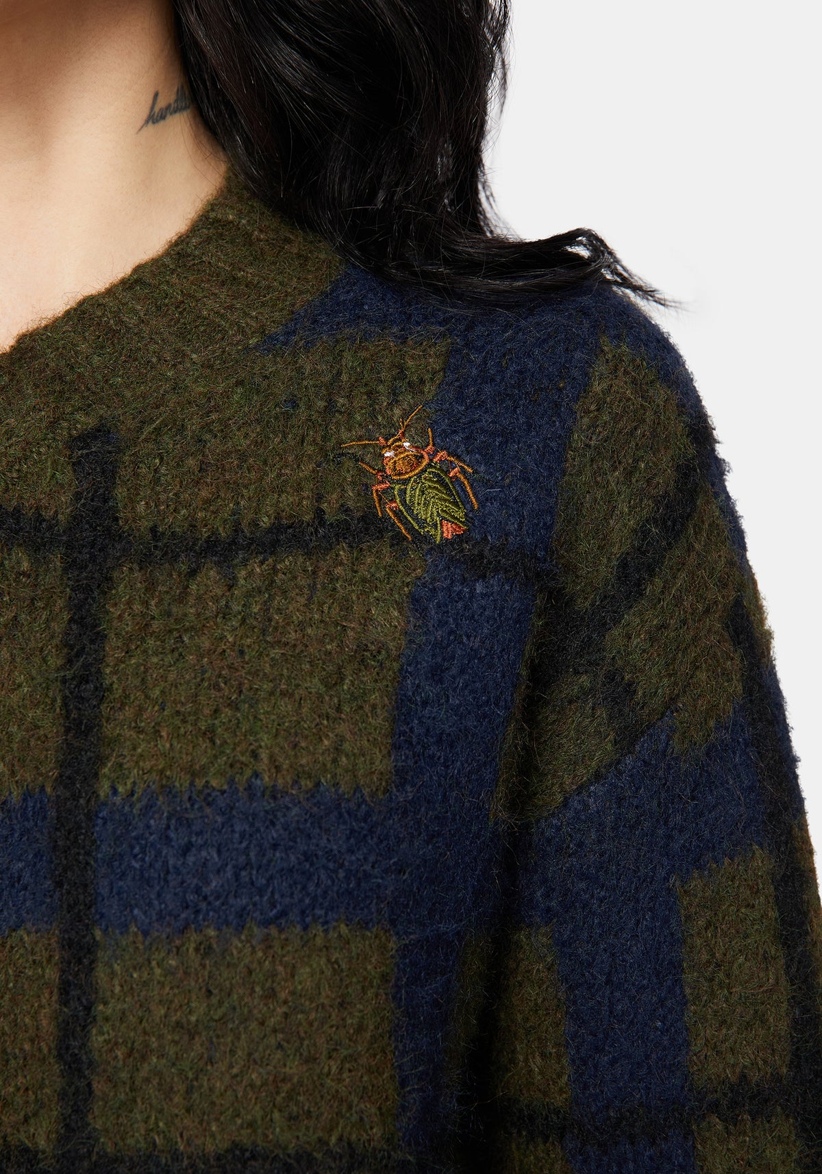 Nelly Gespleißt Prüfen Käfer Jacquard Kurz Geschnitten Gestrickt Pullover