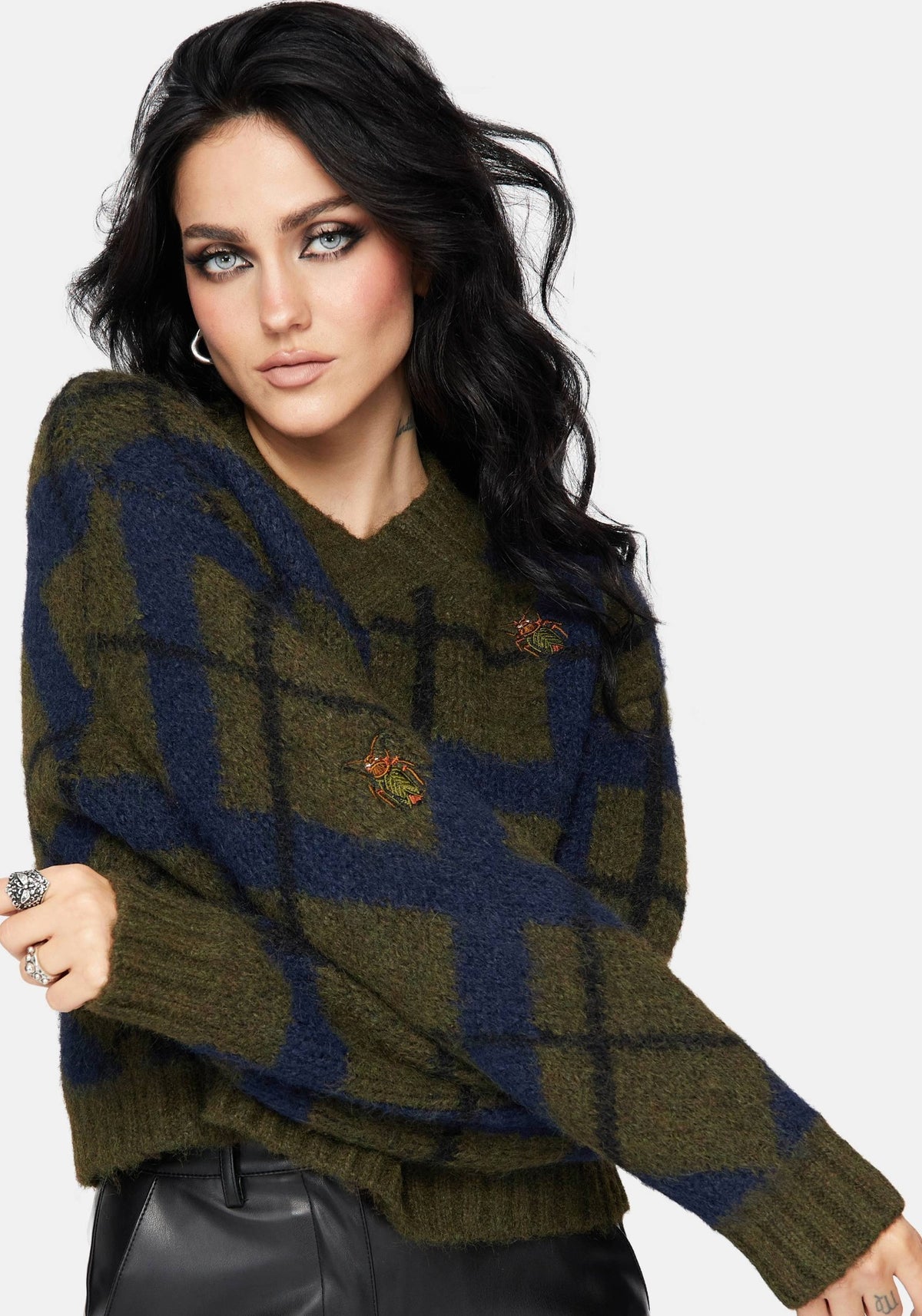 Nelly Gespleißt Prüfen Käfer Jacquard Kurz Geschnitten Gestrickt Pullover