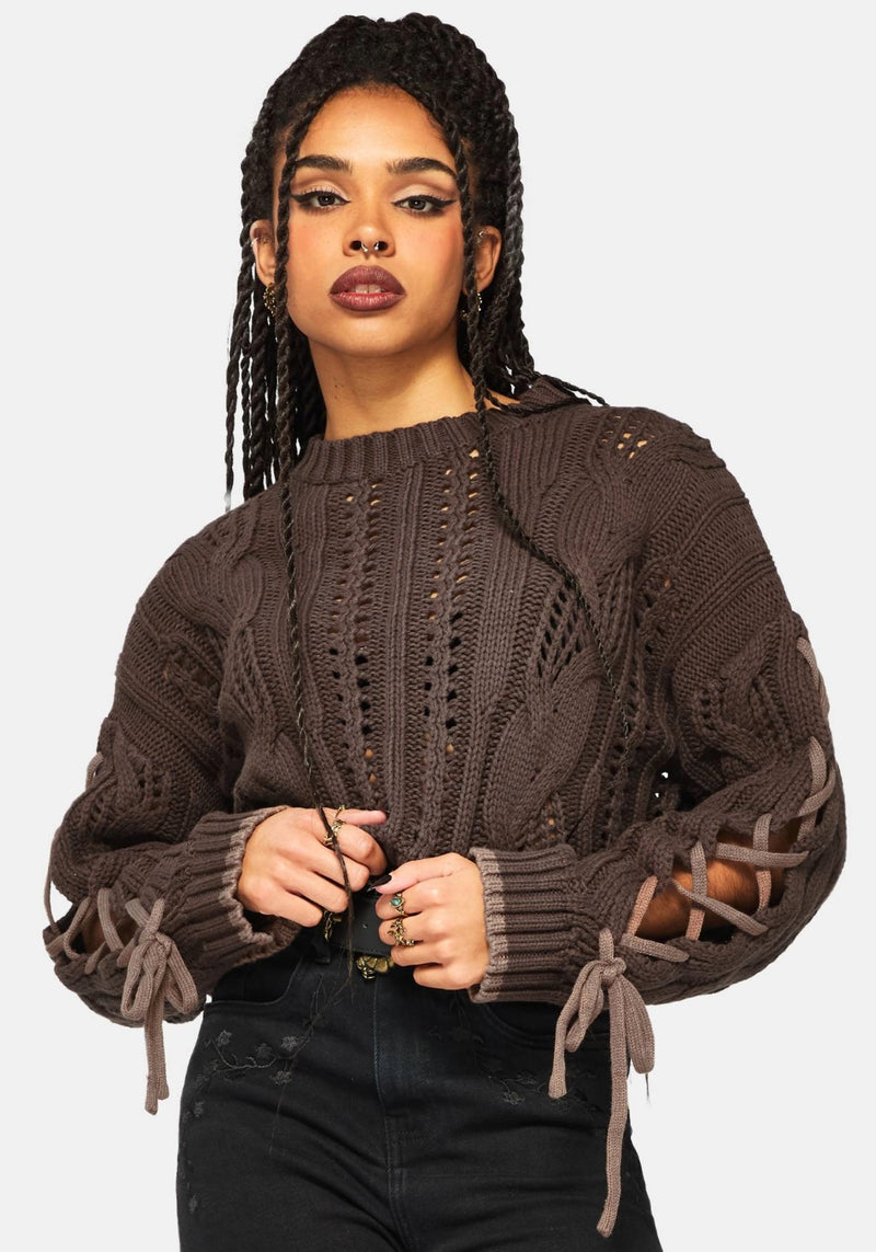 Sycamore Cotton Lace Up Sleeve Cable Knit Crop Jumper - Brown
