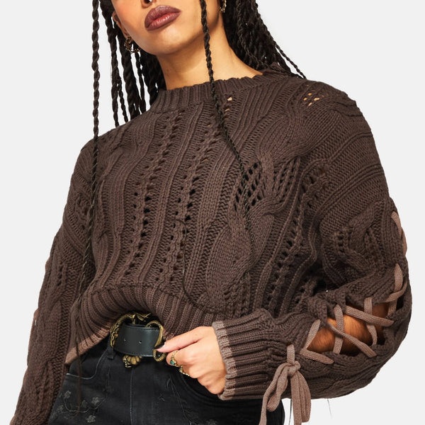 Sycamore Cotton Lace Up Sleeve Cable Knit Crop Jumper - Brown