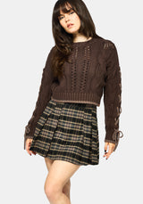Sycamore Cotton Lace Up Sleeve Cable Knit Crop Jumper - Brown